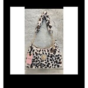 Juicy‎ Couture Leopard Plush Shoulder Bag NWT Faux Fur Gold Heart Crest Purse